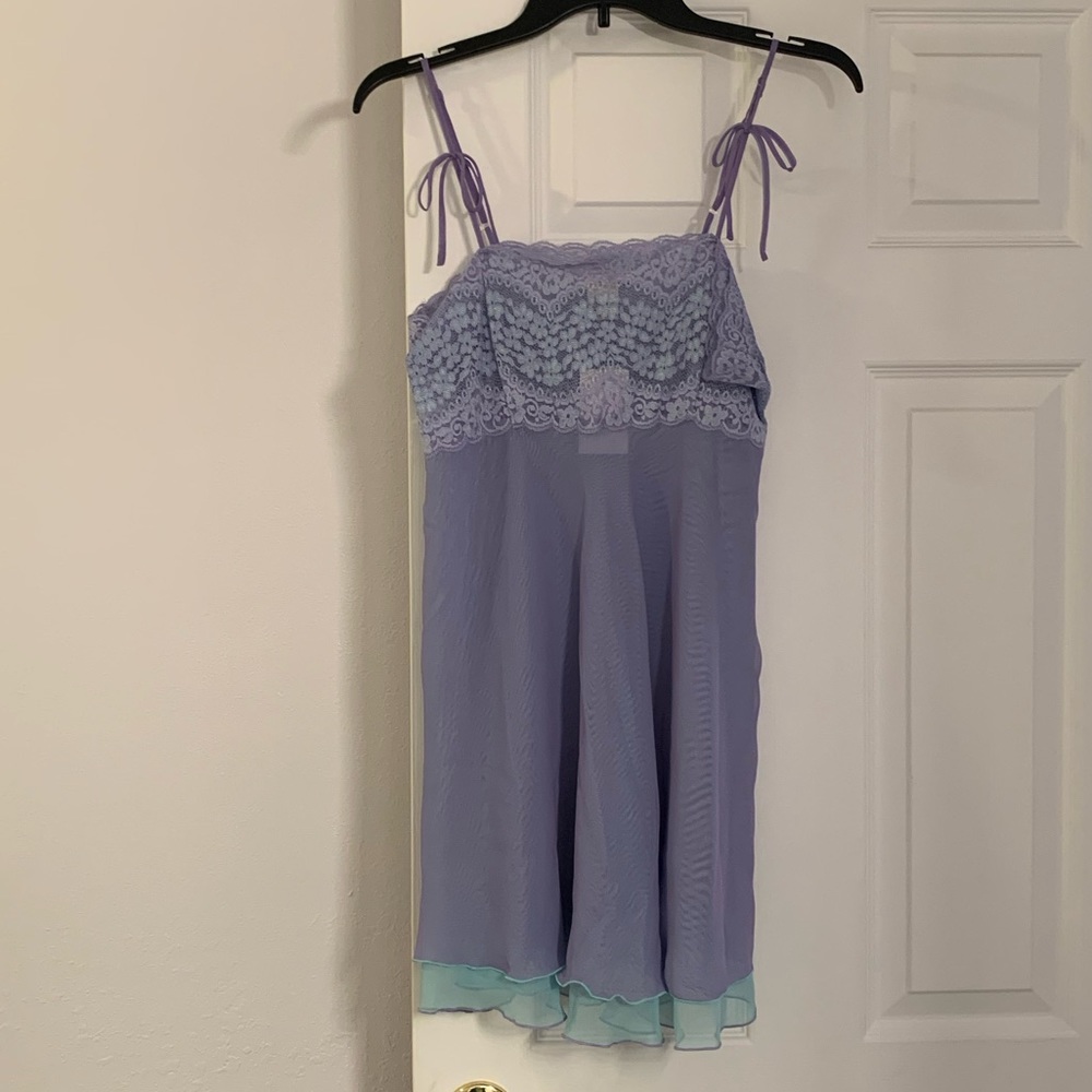 "Private Lessons "
Lilac & Light Teal Chemise with Lace Bust
100% Polyester NWT